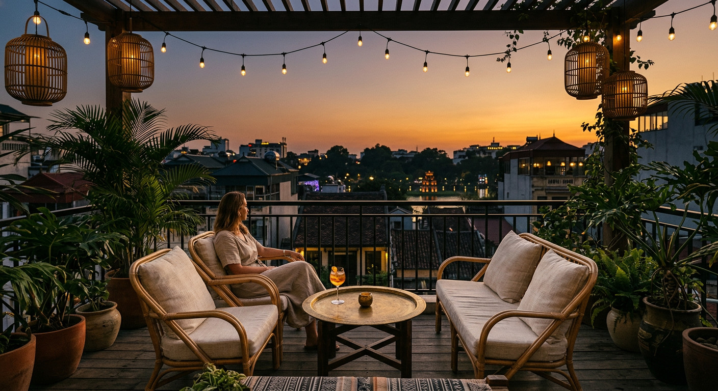 Rooftop terrace lounge at dusk, Bonsella Hotel