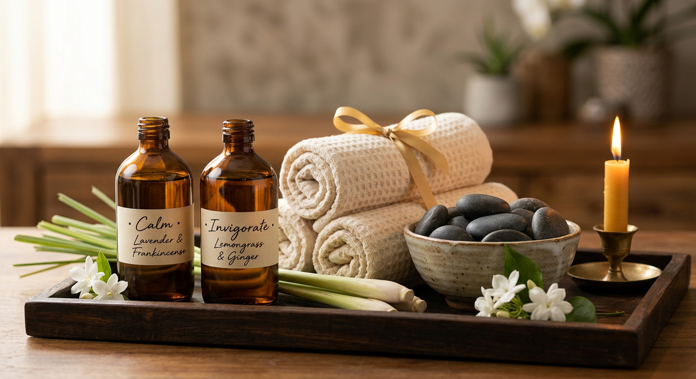 Spa amenities — oils, towels, and candles at Bonsella Hotel